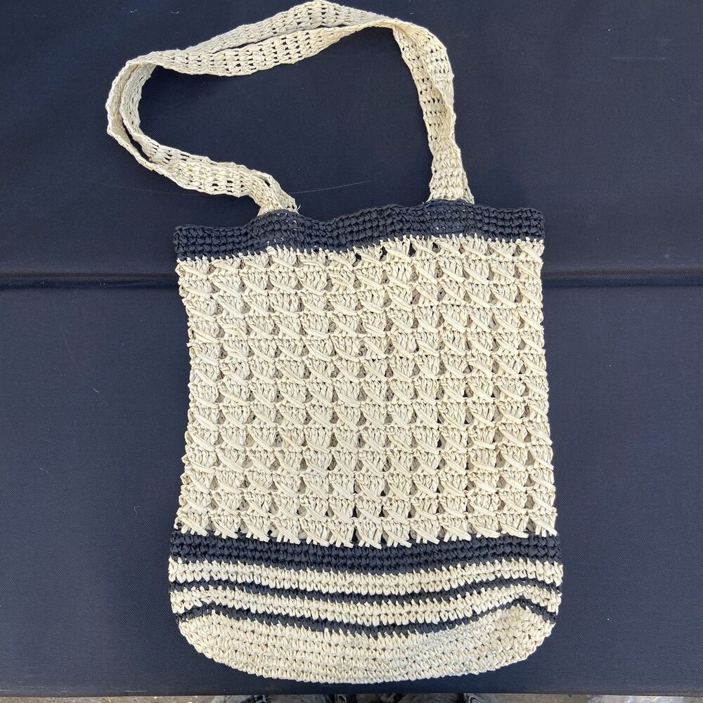 ZARA Crochet Raffia Shoulder Bag Beige Black Striped Open Weave Tote Purse